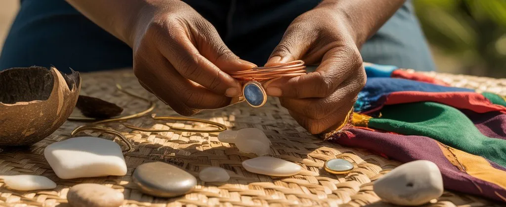 An artisan's hands shaping a copper-and-stone ring on woven palm